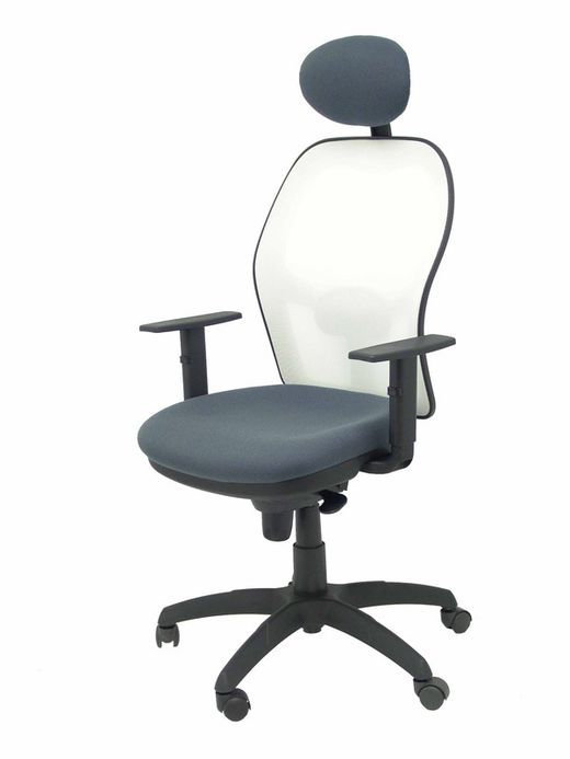 Modelo Jorquera - Silla de oficina ergonómica con mecanismo sincro, brazos regulables y ajustable en altura  Respaldo de malla transpirable en color blanco y asiento tapizados en tejido BALI color gris oscuro (CON CABECERO)