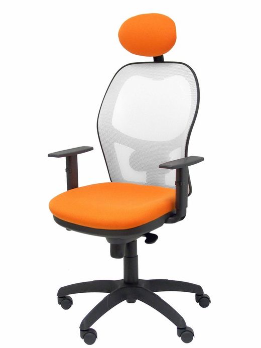 Modelo Jorquera - Silla de oficina ergonómica con mecanismo sincro, brazos regulables y ajustable en altura  Respaldo de malla transpirable en color blanco y asiento tapizados en tejido BALI color naranja (CON CABECERO)