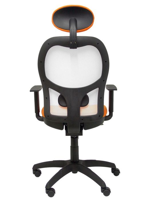 Modelo Jorquera - Silla de oficina ergonómica con mecanismo sincro, brazos regulables y ajustable en altura  Respaldo de malla transpirable en color blanco y asiento tapizados en tejido BALI color naranja (CON CABECERO)
