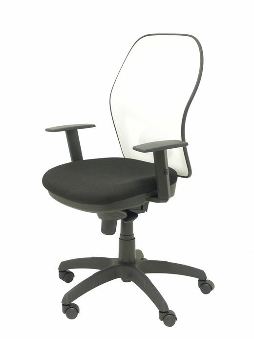 Modelo Jorquera  Silla de oficina ergonómica con mecanismo sincro, brazos regulables y ajustable en altura  Respaldo de malla transpirable en color blanco y asiento tapizados en tejido BALI color negro
