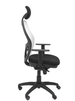 Modelo Jorquera - Silla de oficina ergonómica con mecanismo sincro, brazos regulables y ajustable en altura  Respaldo de malla transpirable en color blanco y asiento tapizados en tejido BALI color negro (CON CABECERO)