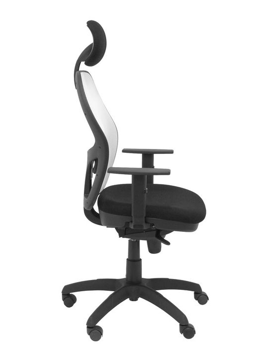 Modelo Jorquera - Silla de oficina ergonómica con mecanismo sincro, brazos regulables y ajustable en altura  Respaldo de malla transpirable en color blanco y asiento tapizados en tejido BALI color negro (CON CABECERO)