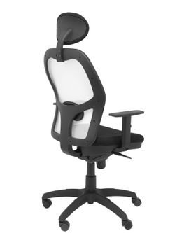 Modelo Jorquera - Silla de oficina ergonómica con mecanismo sincro, brazos regulables y ajustable en altura  Respaldo de malla transpirable en color blanco y asiento tapizados en tejido BALI color negro (CON CABECERO)