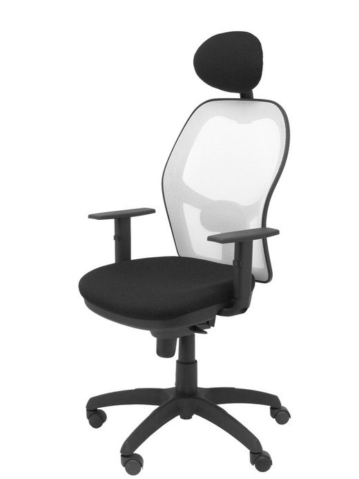 Modelo Jorquera - Silla de oficina ergonómica con mecanismo sincro, brazos regulables y ajustable en altura  Respaldo de malla transpirable en color blanco y asiento tapizados en tejido BALI color negro (CON CABECERO)