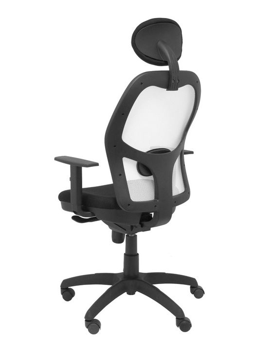 Modelo Jorquera - Silla de oficina ergonómica con mecanismo sincro, brazos regulables y ajustable en altura  Respaldo de malla transpirable en color blanco y asiento tapizados en tejido BALI color negro (CON CABECERO)