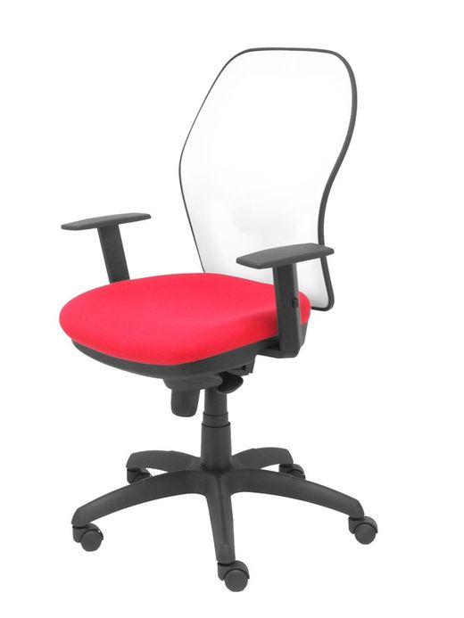 Modelo Jorquera - Silla de oficina ergonómica con mecanismo sincro, brazos regulables y ajustable en altura - Respaldo de malla transpirable en color blanco y asiento tapizados en tejido BALI color rojo