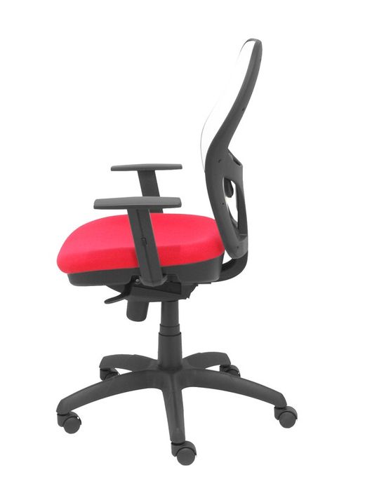 Modelo Jorquera - Silla de oficina ergonómica con mecanismo sincro, brazos regulables y ajustable en altura - Respaldo de malla transpirable en color blanco y asiento tapizados en tejido BALI color rojo