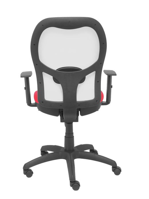 Modelo Jorquera - Silla de oficina ergonómica con mecanismo sincro, brazos regulables y ajustable en altura - Respaldo de malla transpirable en color blanco y asiento tapizados en tejido BALI color rojo