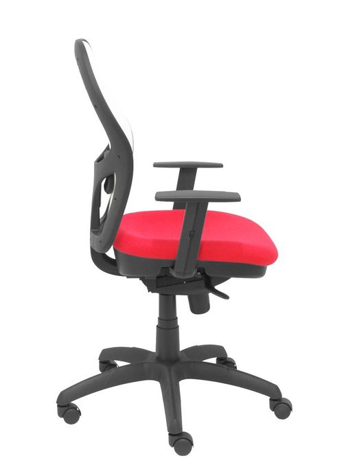 Modelo Jorquera - Silla de oficina ergonómica con mecanismo sincro, brazos regulables y ajustable en altura - Respaldo de malla transpirable en color blanco y asiento tapizados en tejido BALI color rojo