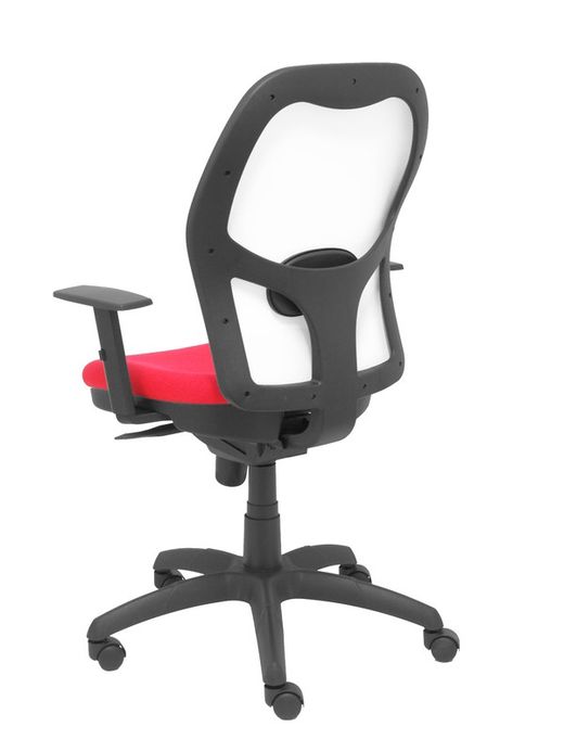 Modelo Jorquera - Silla de oficina ergonómica con mecanismo sincro, brazos regulables y ajustable en altura - Respaldo de malla transpirable en color blanco y asiento tapizados en tejido BALI color rojo