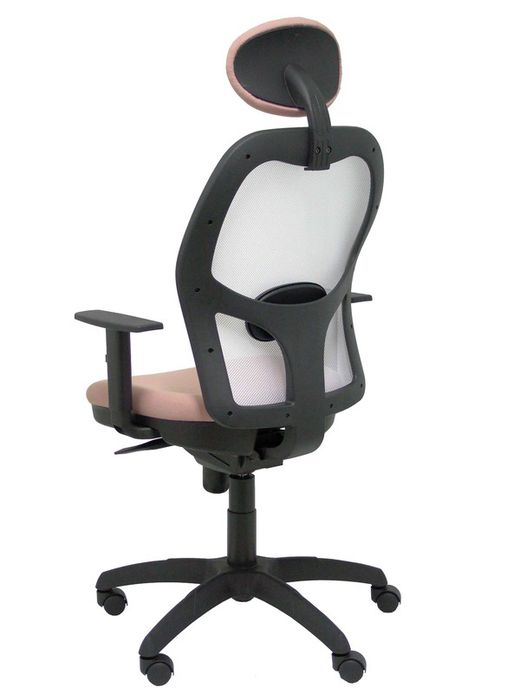 Modelo Jorquera - Silla de oficina ergonómica con mecanismo sincro, brazos regulables y ajustable en altura  Respaldo de malla transpirable en color blanco y asiento tapizados en tejido BALI color rosa pálido (CON CABECERO)