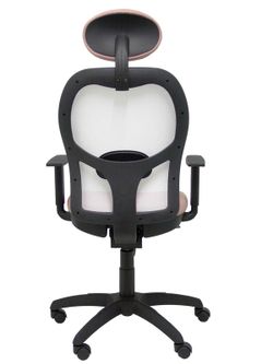 Modelo Jorquera - Silla de oficina ergonómica con mecanismo sincro, brazos regulables y ajustable en altura  Respaldo de malla transpirable en color blanco y asiento tapizados en tejido BALI color rosa pálido (CON CABECERO)