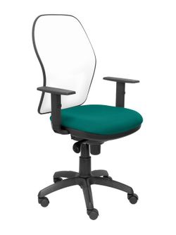Modelo Jorquera - Silla de oficina ergonómica con mecanismo sincro, brazos regulables y ajustable en altura - Respaldo de malla transpirable en color blanco y asiento tapizados en tejido BALI color turquesa