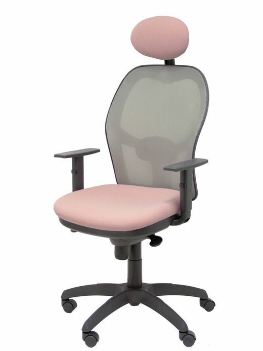 Modelo Jorquera - Silla de oficina ergonómica con mecanismo sincro, brazos regulables y ajustable en altura  Respaldo de malla transpirable en color gris y asiento tapizados en tejido BALI color rosa pálido (CON CABECERO)
