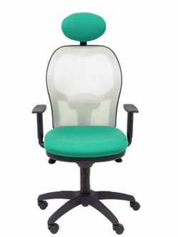Modelo Jorquera - Silla de oficina ergonómica con mecanismo sincro, brazos regulables y ajustable en altura  Respaldo de malla transpirable en color gris y asiento tapizados en tejido BALI color verde esmeralda (CON CABECERO)