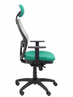Modelo Jorquera - Silla de oficina ergonómica con mecanismo sincro, brazos regulables y ajustable en altura  Respaldo de malla transpirable en color gris y asiento tapizados en tejido BALI color verde esmeralda (CON CABECERO)