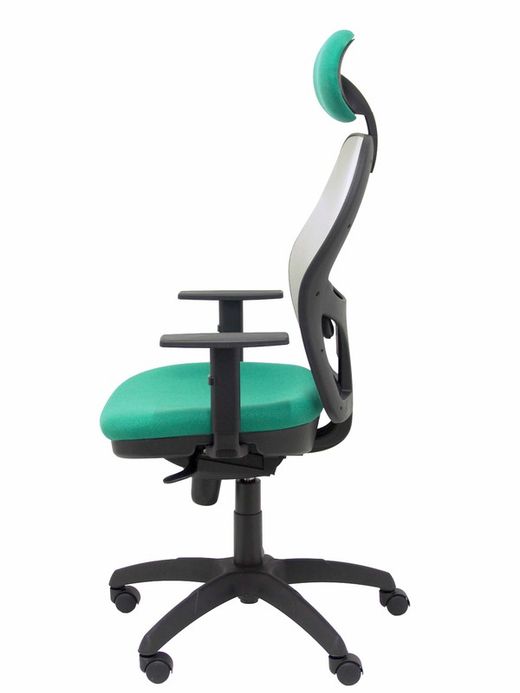 Modelo Jorquera - Silla de oficina ergonómica con mecanismo sincro, brazos regulables y ajustable en altura  Respaldo de malla transpirable en color gris y asiento tapizados en tejido BALI color verde esmeralda (CON CABECERO)