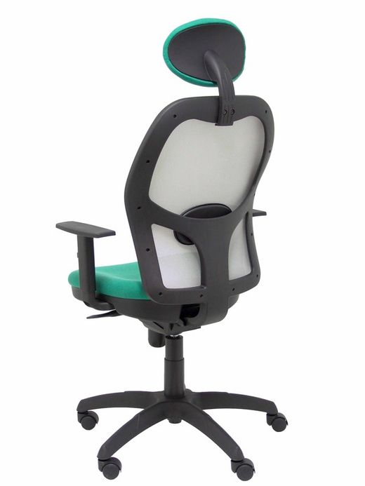 Modelo Jorquera - Silla de oficina ergonómica con mecanismo sincro, brazos regulables y ajustable en altura  Respaldo de malla transpirable en color gris y asiento tapizados en tejido BALI color verde esmeralda (CON CABECERO)