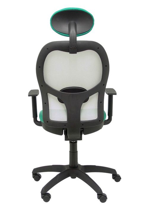 Modelo Jorquera - Silla de oficina ergonómica con mecanismo sincro, brazos regulables y ajustable en altura  Respaldo de malla transpirable en color gris y asiento tapizados en tejido BALI color verde esmeralda (CON CABECERO)