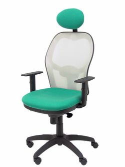 Modelo Jorquera - Silla de oficina ergonómica con mecanismo sincro, brazos regulables y ajustable en altura  Respaldo de malla transpirable en color gris y asiento tapizados en tejido BALI color verde esmeralda (CON CABECERO)