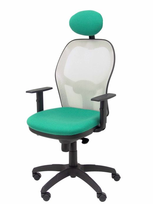 Modelo Jorquera - Silla de oficina ergonómica con mecanismo sincro, brazos regulables y ajustable en altura  Respaldo de malla transpirable en color gris y asiento tapizados en tejido BALI color verde esmeralda (CON CABECERO)