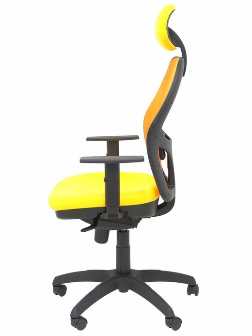 Modelo Jorquera - Silla de oficina ergonómica con mecanismo sincro, brazos regulables y ajustable en altura  Respaldo de malla transpirable en color naranja y asiento tapizados en tejido BALI color amarillo (CON CABECERO)