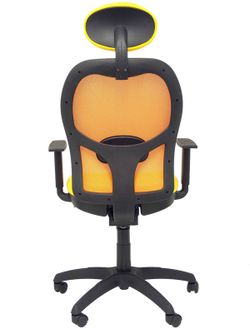 Modelo Jorquera - Silla de oficina ergonómica con mecanismo sincro, brazos regulables y ajustable en altura  Respaldo de malla transpirable en color naranja y asiento tapizados en tejido BALI color amarillo (CON CABECERO)