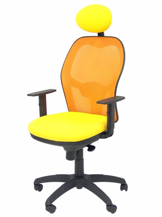 Modelo Jorquera - Silla de oficina ergonómica con mecanismo sincro, brazos regulables y ajustable en altura  Respaldo de malla transpirable en color naranja y asiento tapizados en tejido BALI color amarillo (CON CABECERO)