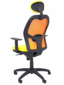 Modelo Jorquera - Silla de oficina ergonómica con mecanismo sincro, brazos regulables y ajustable en altura  Respaldo de malla transpirable en color naranja y asiento tapizados en tejido BALI color amarillo (CON CABECERO)