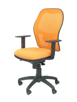 Modelo Jorquera - Silla de oficina ergonómica con mecanismo sincro, brazos regulables y ajustable en altura - Respaldo de malla transpirable en color naranja y asiento tapizados en tejido BALI color naranja
