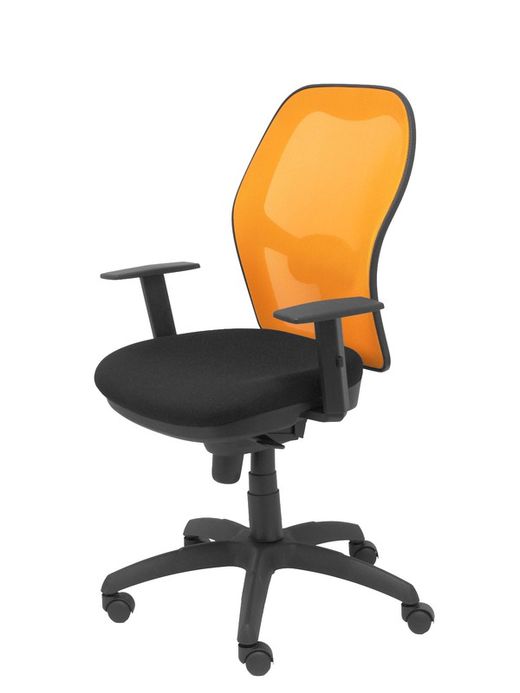 Modelo Jorquera - Silla de oficina ergonómica con mecanismo sincro, brazos regulables y ajustable en altura - Respaldo de malla transpirable en color naranja y asiento tapizados en tejido BALI color negro