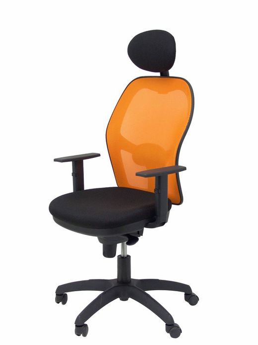 Modelo Jorquera - Silla de oficina ergonómica con mecanismo sincro, brazos regulables y ajustable en altura  Respaldo de malla transpirable en color naranja y asiento tapizados en tejido BALI color negro (CON CABECERO)