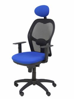 Modelo Jorquera - Silla de oficina ergonómica con mecanismo sincro, brazos regulables y ajustable en altura  Respaldo de malla transpirable en color negro y asiento tapizados en tejido BALI color azul (CON CABECERO)