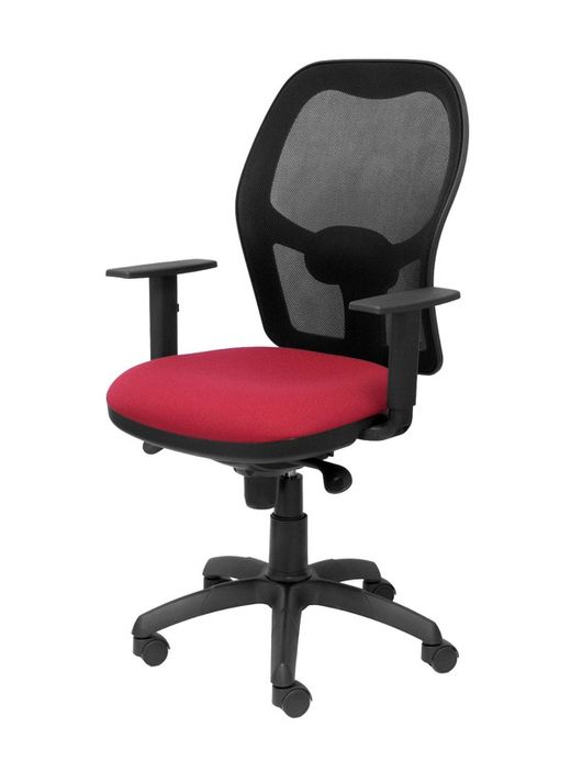 Modelo Jorquera - Silla de oficina ergonómica con mecanismo sincro, brazos regulables y ajustable en altura - Respaldo de malla transpirable en color negro y asiento tapizados en tejido BALI color granate