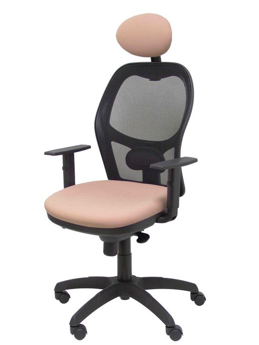 Modelo Jorquera - Silla de oficina ergonómica con mecanismo sincro, brazos regulables y ajustable en altura  Respaldo de malla transpirable en color negro y asiento tapizados en tejido BALI color rosa pálido (CON CABECERO)