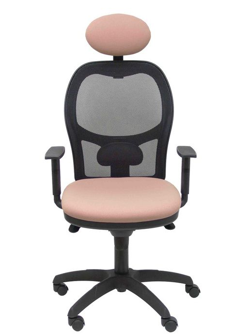 Modelo Jorquera - Silla de oficina ergonómica con mecanismo sincro, brazos regulables y ajustable en altura  Respaldo de malla transpirable en color negro y asiento tapizados en tejido BALI color rosa pálido (CON CABECERO)