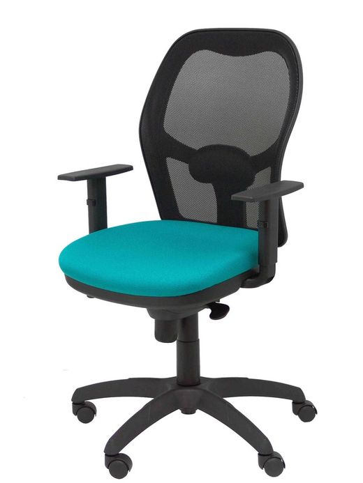 Modelo Jorquera - Silla de oficina ergonómica con mecanismo sincro, brazos regulables y ajustable en altura - Respaldo de malla transpirable en color negro y asiento tapizados en tejido BALI color turquesa claro