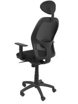 Modelo Jorquera - Silla de oficina ergonómica con mecanismo sincro, brazos regulables y ajustable en altura  Respaldo de malla transpirable en color negro y asiento tapizados en tejido SIMILPIEL color azul marino (CON CABECERO)