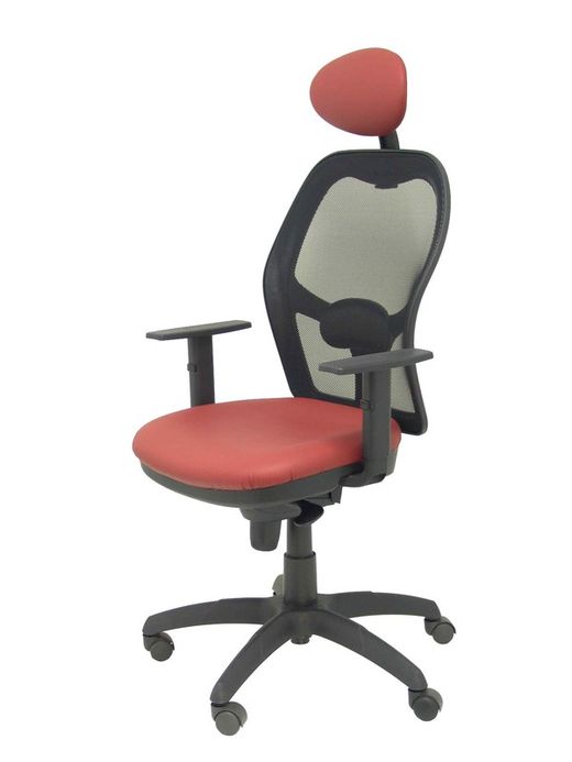 Modelo Jorquera - Silla de oficina ergonómica con mecanismo sincro, brazos regulables y ajustable en altura  Respaldo de malla transpirable en color negro y asiento tapizados en tejido SIMILPIEL color granate (CON CABECERO)