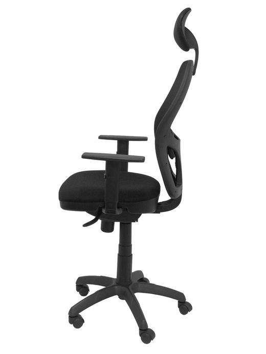 Modelo Jorquera - Silla de oficina ergonómica con mecanismo sincro, brazos regulables y ajustable en altura  Respaldo de malla transpirable en color negro y asiento tapizados en tejido SIMILPIEL color morado (CON CABECERO)
