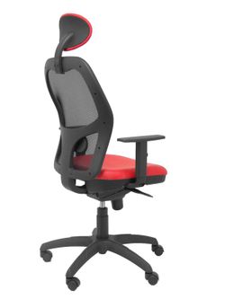 Modelo Jorquera - Silla de oficina ergonómica con mecanismo sincro, brazos regulables y ajustable en altura  Respaldo de malla transpirable en color negro y asiento tapizados en tejido SIMILPIEL color rojo (CON CABECERO)