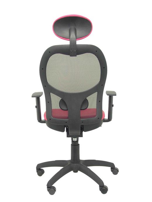 Modelo Jorquera - Silla de oficina ergonómica con mecanismo sincro, brazos regulables y ajustable en altura  Respaldo de malla transpirable en color negro y asiento tapizados en tejido SIMILPIEL color rosa (CON CABECERO)