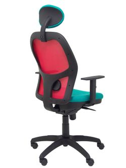 Modelo Jorquera - Silla de oficina ergonómica con mecanismo sincro, brazos regulables y ajustable en altura  Respaldo de malla transpirable en color rojo y asiento tapizados en tejido BALI color turquesa (CON CABECERO)