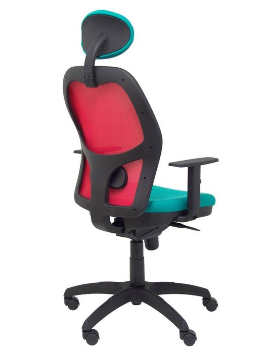 Modelo Jorquera - Silla de oficina ergonómica con mecanismo sincro, brazos regulables y ajustable en altura  Respaldo de malla transpirable en color rojo y asiento tapizados en tejido BALI color turquesa (CON CABECERO)