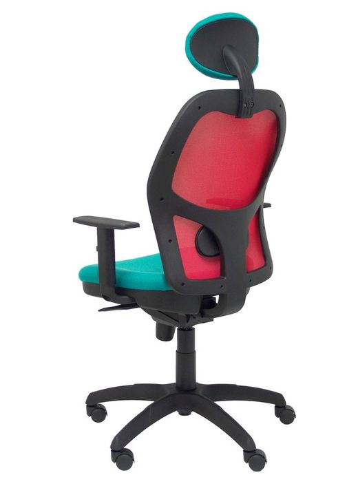 Modelo Jorquera - Silla de oficina ergonómica con mecanismo sincro, brazos regulables y ajustable en altura  Respaldo de malla transpirable en color rojo y asiento tapizados en tejido BALI color turquesa (CON CABECERO)