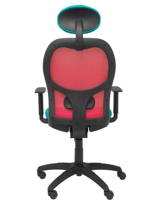 Modelo Jorquera - Silla de oficina ergonómica con mecanismo sincro, brazos regulables y ajustable en altura  Respaldo de malla transpirable en color rojo y asiento tapizados en tejido BALI color turquesa (CON CABECERO)