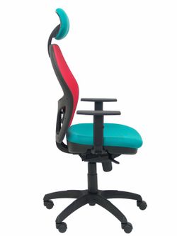 Modelo Jorquera - Silla de oficina ergonómica con mecanismo sincro, brazos regulables y ajustable en altura  Respaldo de malla transpirable en color rojo y asiento tapizados en tejido BALI color turquesa (CON CABECERO)