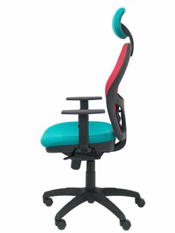 Modelo Jorquera - Silla de oficina ergonómica con mecanismo sincro, brazos regulables y ajustable en altura  Respaldo de malla transpirable en color rojo y asiento tapizados en tejido BALI color turquesa (CON CABECERO)