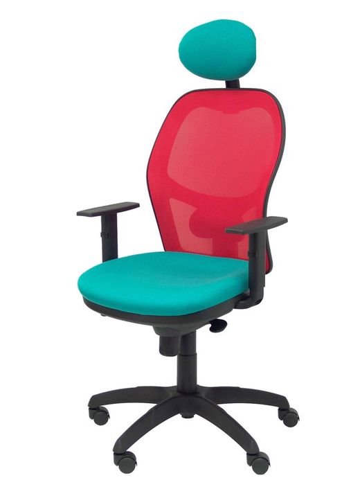 Modelo Jorquera - Silla de oficina ergonómica con mecanismo sincro, brazos regulables y ajustable en altura  Respaldo de malla transpirable en color rojo y asiento tapizados en tejido BALI color turquesa (CON CABECERO)