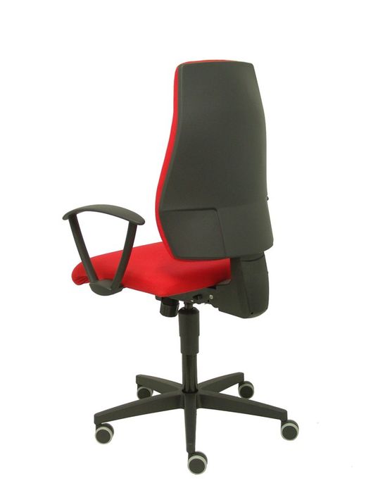 Modelo Leganiel - Silla de oficina ergonómica con mecanismo sincro, brazos fijos - Respaldo y asiento tapizado en tela color rojo.